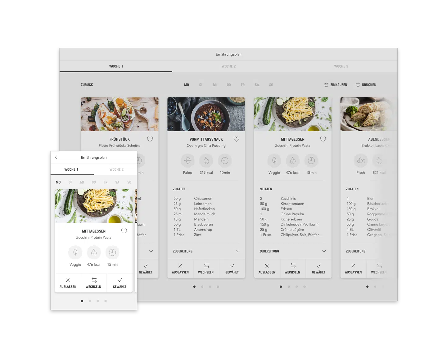 Ernährungsplan Plan mit Mahlzeiten (Desktop responsive Ansicht Beispiel Tag)